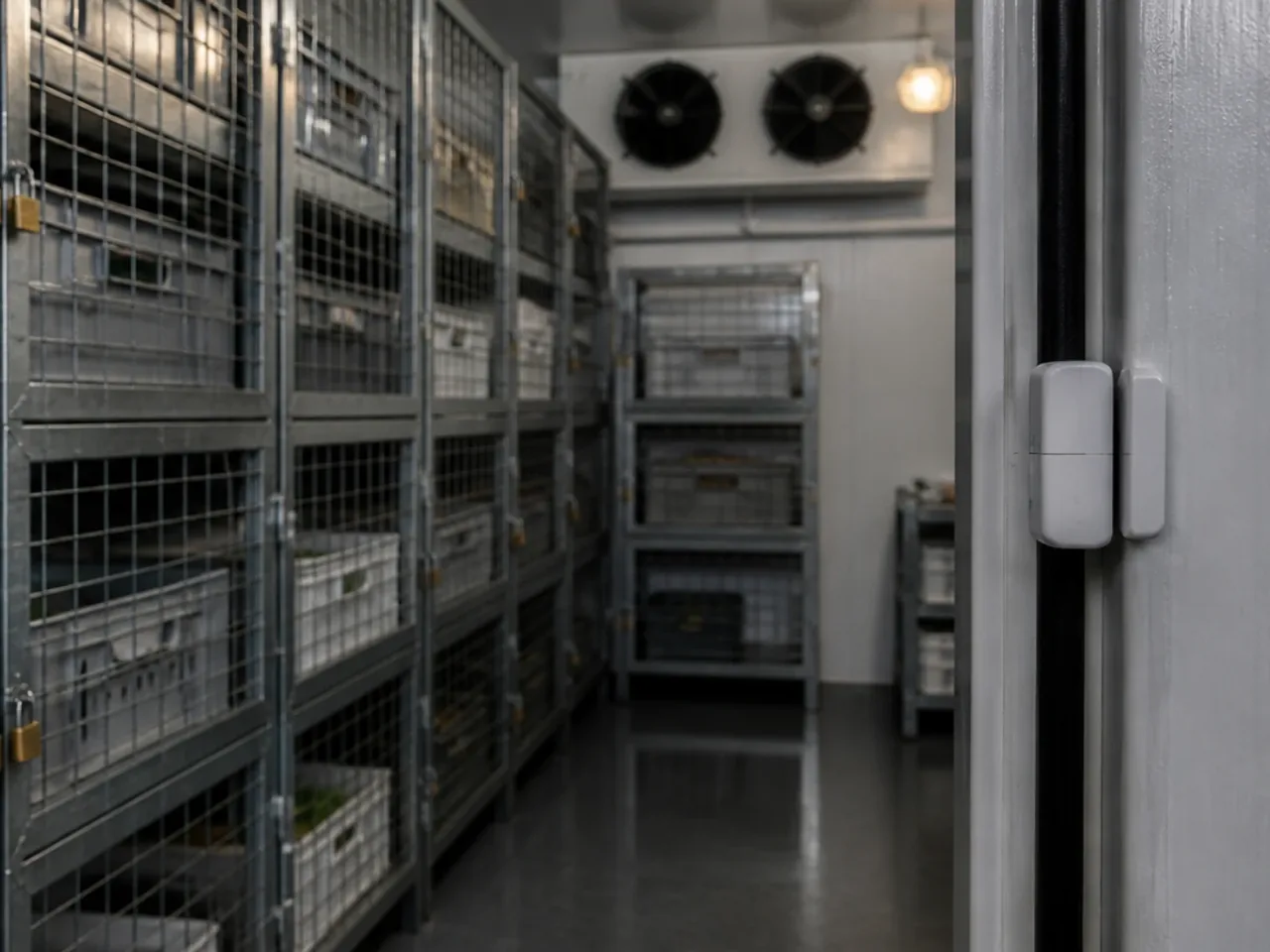 Chambre froide professionnelle divisée en cages grillagées fermées par cadenas, contact d'ouverture sur la porte