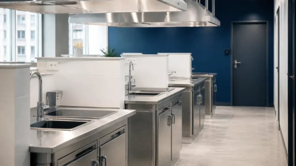 Cuisine professionnelle partagée avec plusieurs postes inox séparés et une porte équipée d’un lecteur de badge