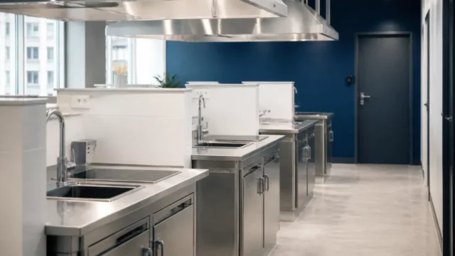 Cuisine professionnelle partagée avec plusieurs postes inox séparés et une porte équipée d’un lecteur de badge