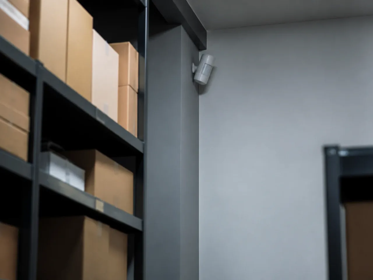 Détecteur de mouvement blanc fixé en angle haut dans une réserve de magasin aux rayonnages métalliques