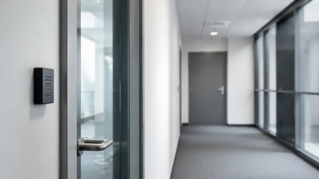 Couloir de bureaux avec une porte vitrée à lecteur de badge et une porte de local fermée à clé