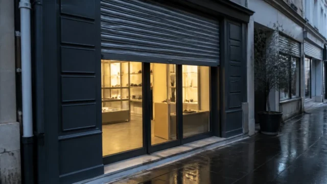 Entrée vitrée d’une boutique de quartier au petit matin, rideau métallique à demi relevé