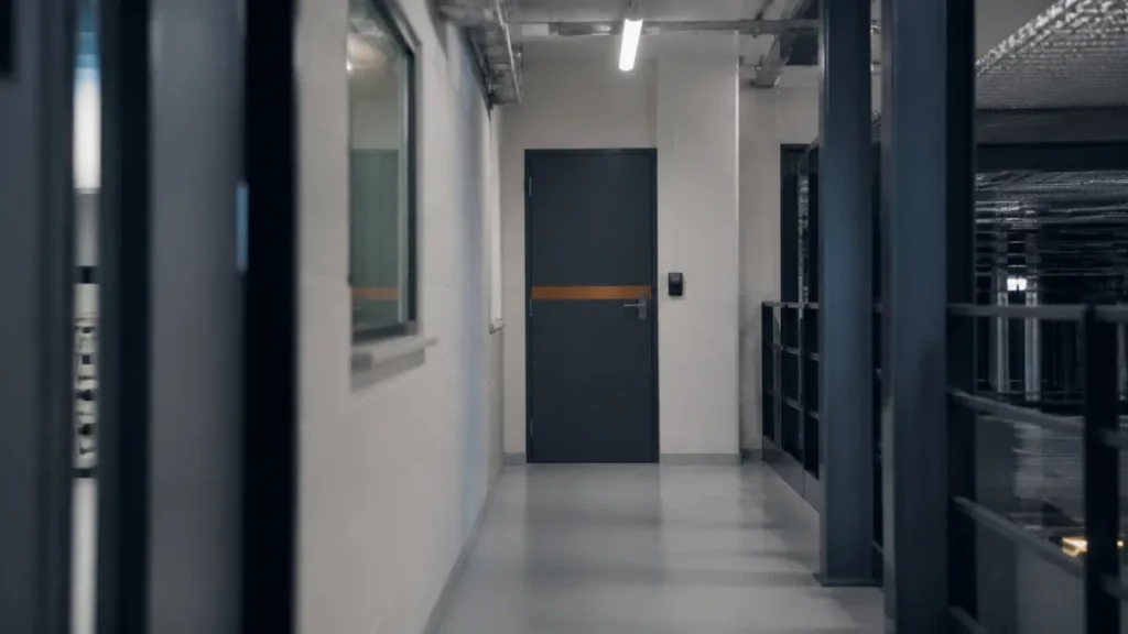 Couloir d’un site industriel avec une porte de bureau d’études équipée d’un lecteur de badge