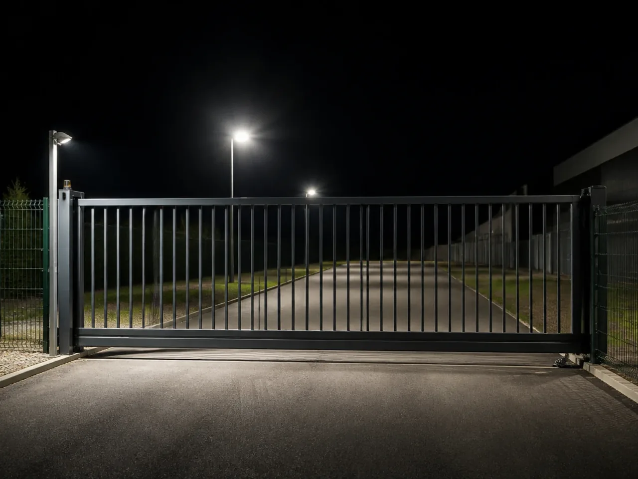 Portail coulissant d'un site d'activité fermé la nuit, clôture grillagée et projecteur allumé sur l'allée
