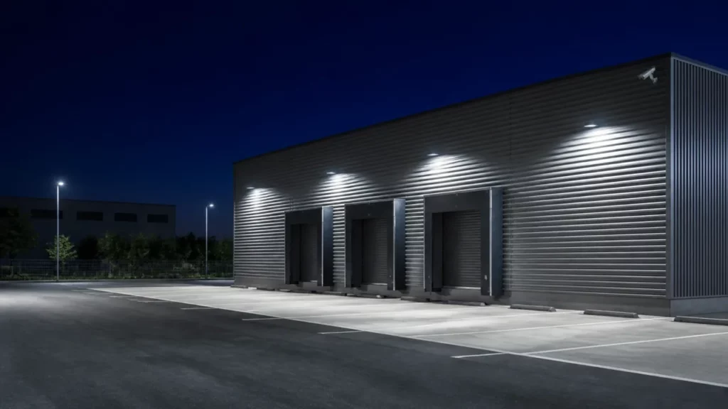 Entrepôt logistique de nuit éclairé par des projecteurs, quais fermés et caméra fixée en haut de la façade