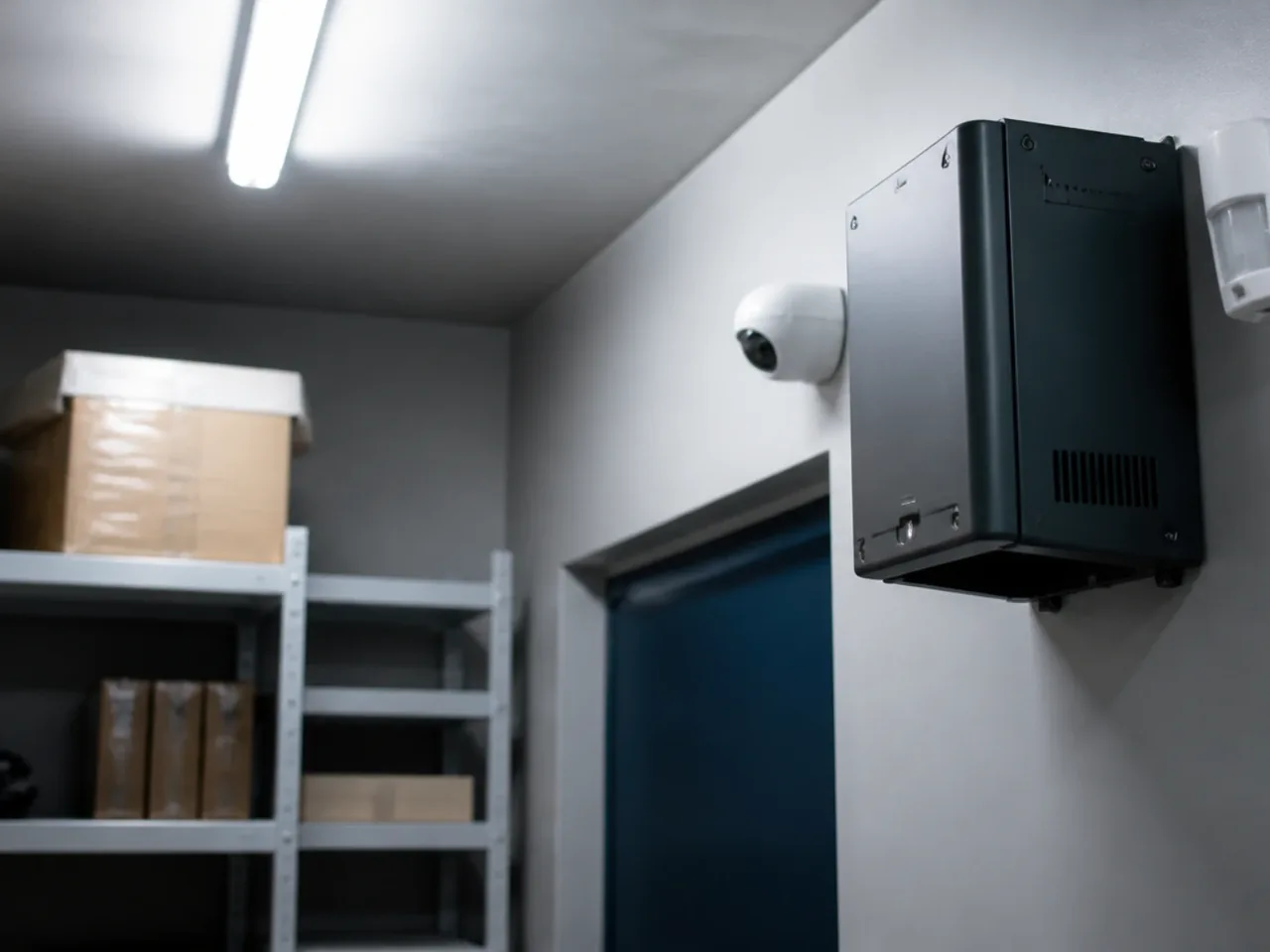 Générateur de brouillard fixé en hauteur dans une réserve de commerce, près d'un détecteur de mouvement et d'une caméra dôme