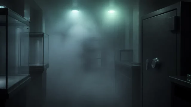 Réserve de bijouterie envahie d’un brouillard blanc dense, coffre-fort et vitrines à peine discernables sous un éclairage de sécurité
