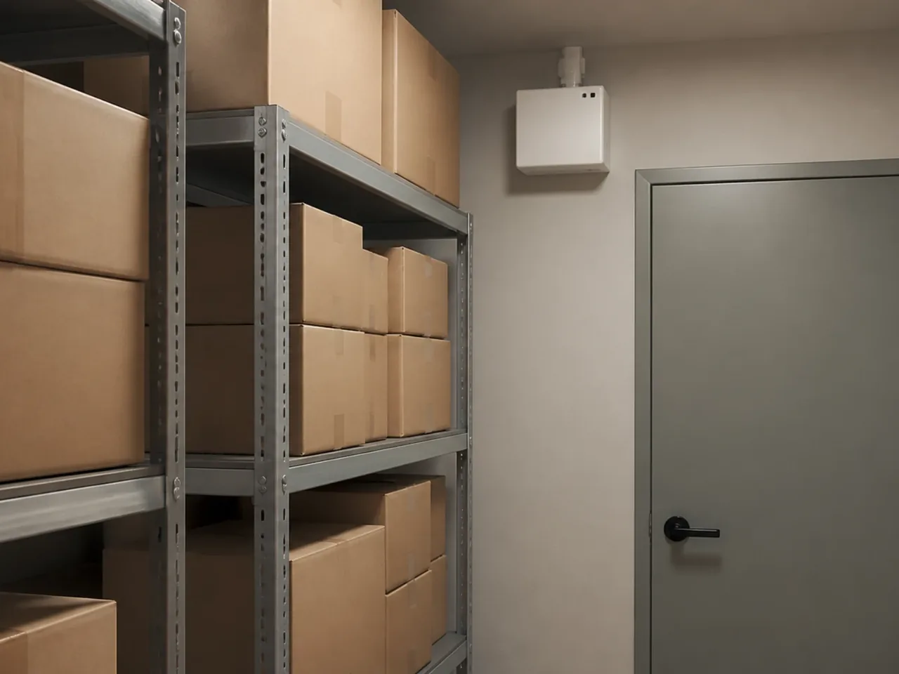 Réserve de commerce fermée avec rayonnages de cartons, générateur de brouillard fixé en hauteur près d’un détecteur de mouvement