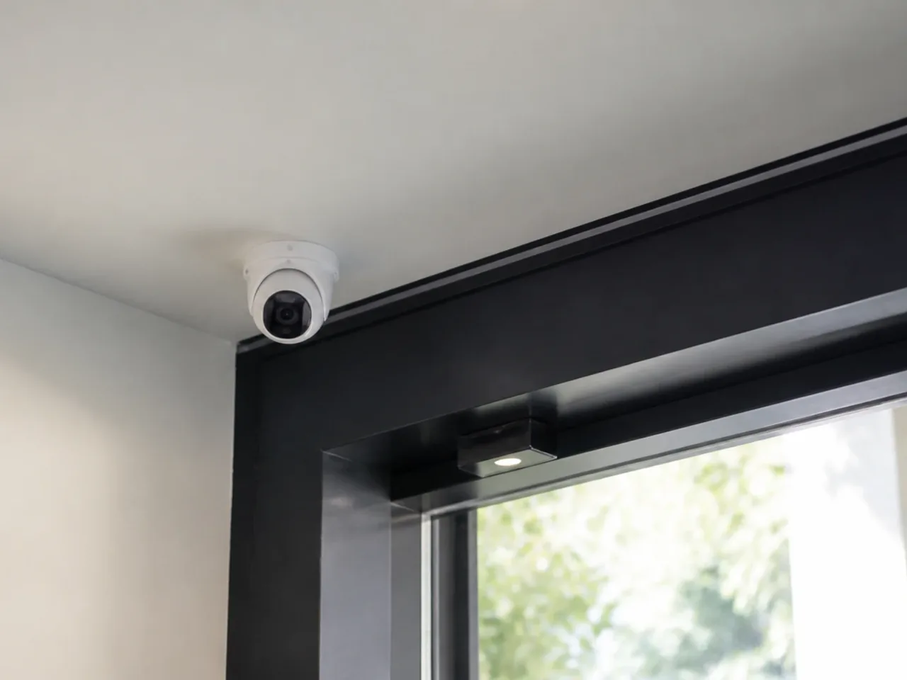 Caméra de vidéosurveillance compacte fixée au-dessus de la porte intérieure d'un magasin, orientée vers l'entrée