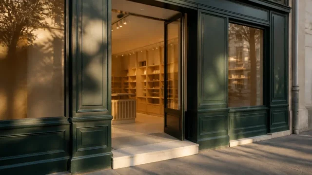 Entrée vitrée d’une boutique parisienne vue du trottoir, porte ouverte sur la surface de vente éclairée