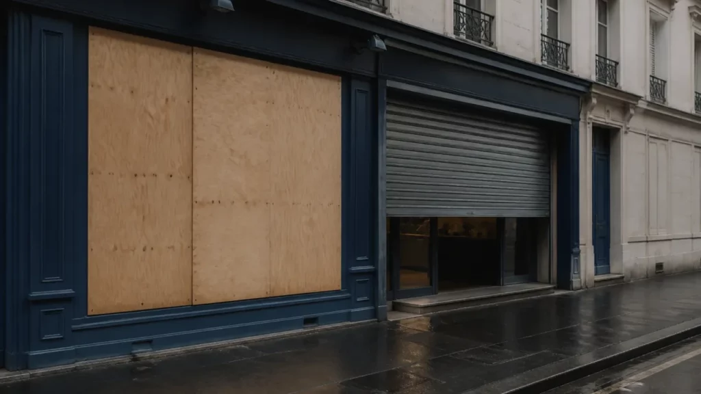 Vitrine de commerce condamnée par des panneaux de bois vissés au petit matin, rideau métallique à moitié baissé