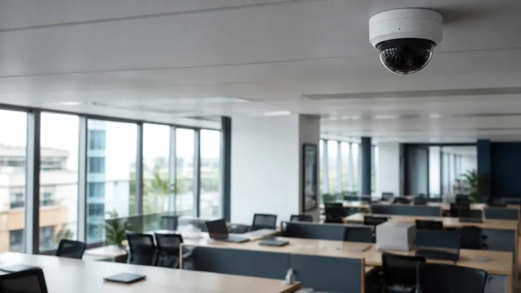 Caméra dôme fixée au plafond d’un open space vide, bureaux et chaises en arrière-plan