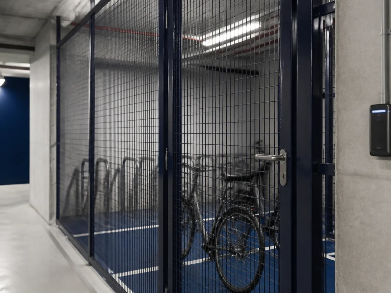 Local vélos fermé dans le sous-sol d'un immeuble de bureaux, porte grillagée avec lecteur de badge et éclairage au plafond