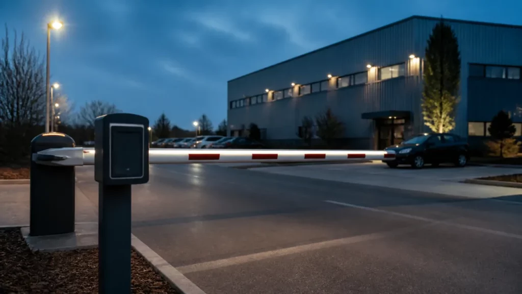 Parking extérieur d’un site d’entreprise en Île-de-France à la tombée du jour, barrière levante et mâts d’éclairage allumés