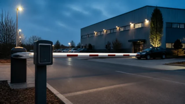Parking extérieur d’un site d’entreprise en Île-de-France à la tombée du jour, barrière levante et mâts d’éclairage allumés