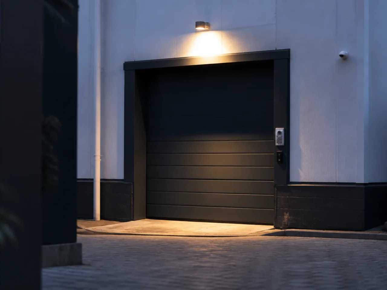 Porte de livraison arrière d'un magasin fermée, avec interphone vidéo, lecteur de badge et applique d'éclairage au-dessus