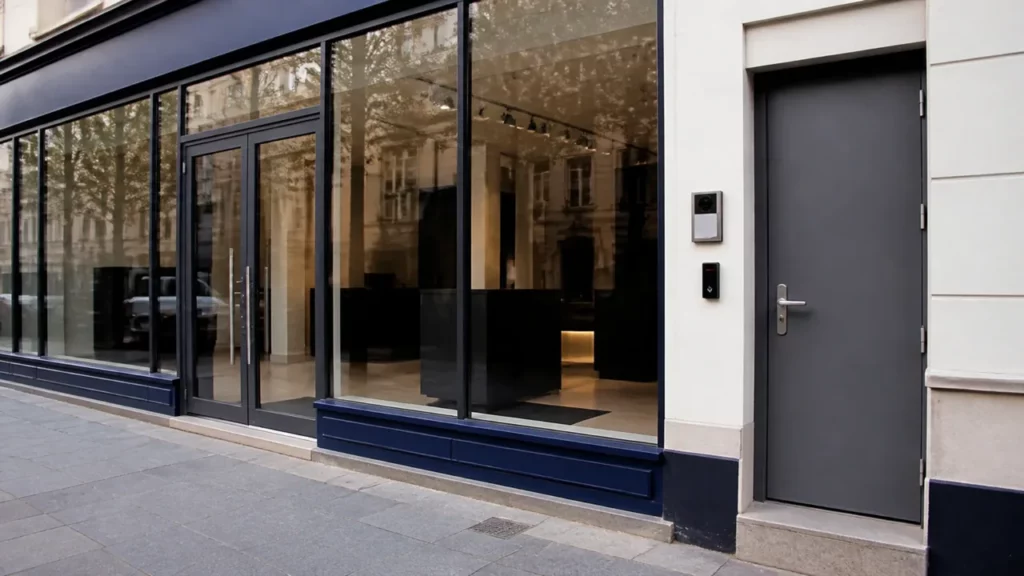 Entrée vitrée d’un commerce de centre-ville avec interphone vidéo et lecteur de badge sur la porte de service voisine