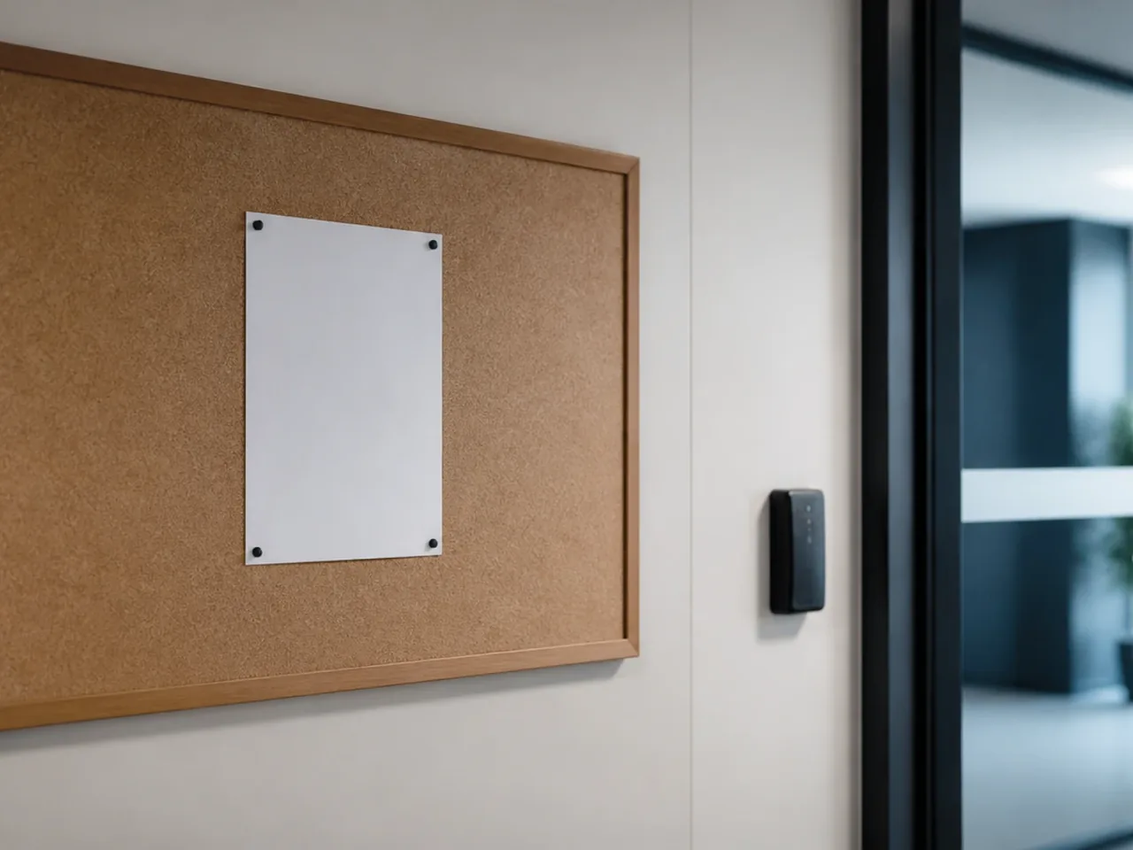 Note de service imprimée et punaisée sur un panneau d'affichage de couloir de bureaux à côté d'un lecteur de badge