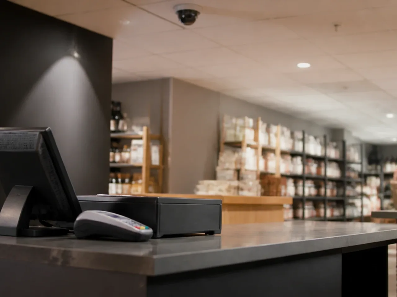 Comptoir de caisse d'un magasin avec terminal de paiement et caméra au plafond orientée vers le plan de caisse