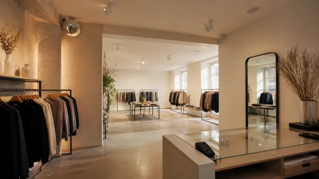 Surface de vente d’une boutique de prêt-à-porter vue depuis la caisse, allées dégagées et caméra au plafond