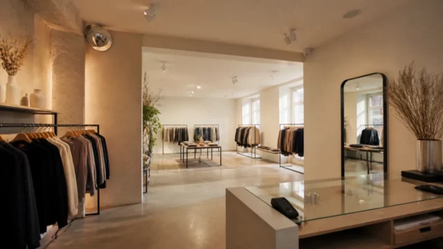 Surface de vente d’une boutique de prêt-à-porter vue depuis la caisse, allées dégagées et caméra au plafond