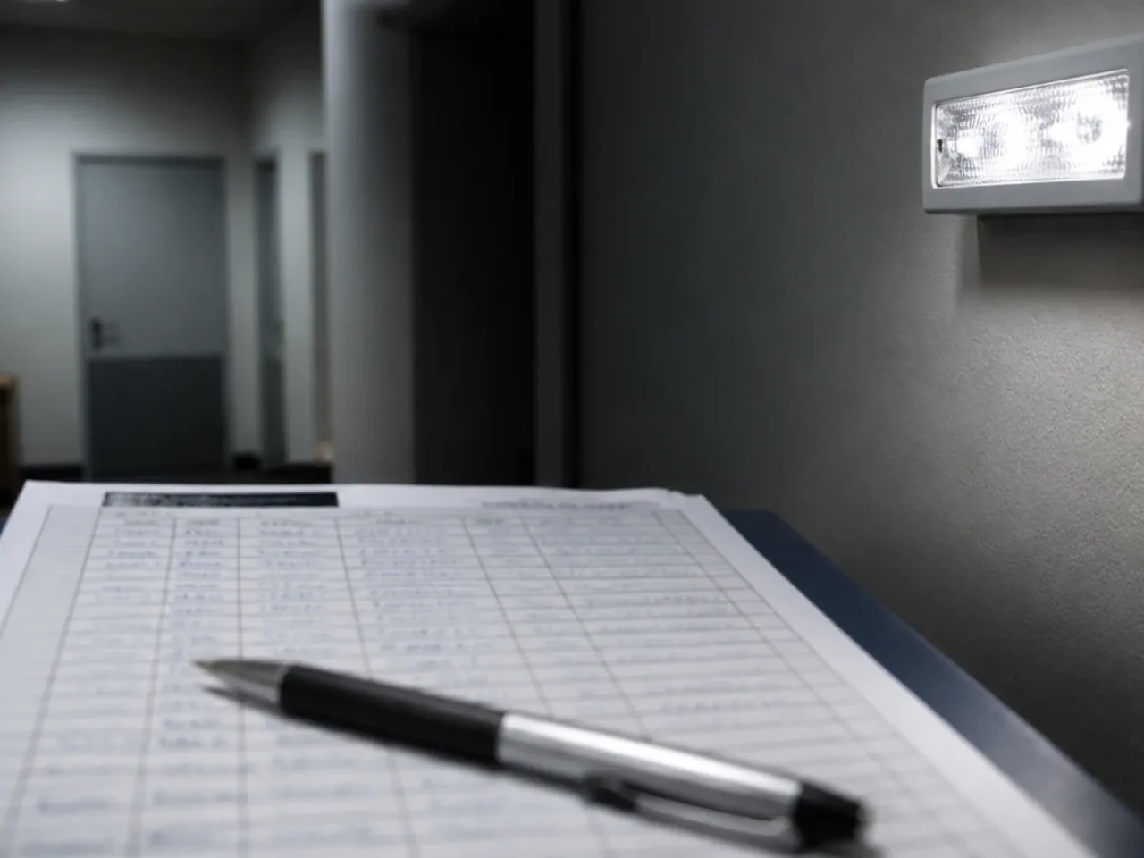Page d'un registre de sécurité avec colonnes de dates et d'observations, stylo posé à côté d'un bloc d'éclairage de sécurité