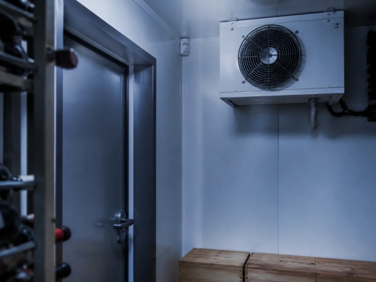 Détecteur de mouvement fixé dans l'angle d'une cave à vin climatisée, à l'écart du groupe de froid