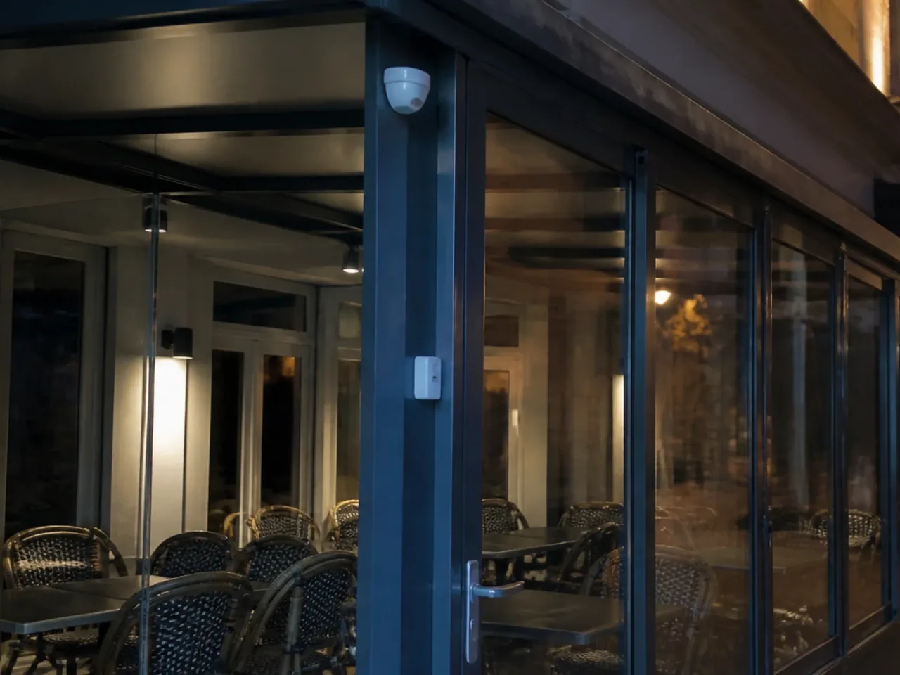Terrasse fermée vitrée d'un café parisien la nuit, tables vides à l'intérieur et petit détecteur au plafond