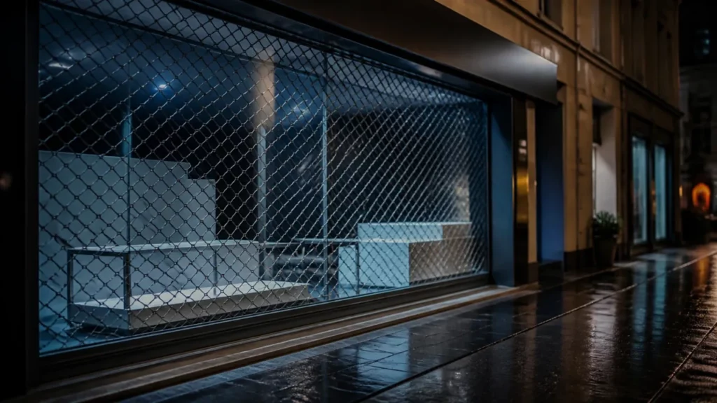 Devanture de boutique la nuit dans une rue commerçante avec une grille ajourée posée derrière la vitrine