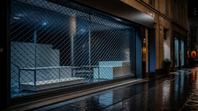 Devanture de boutique la nuit dans une rue commerçante avec une grille ajourée posée derrière la vitrine