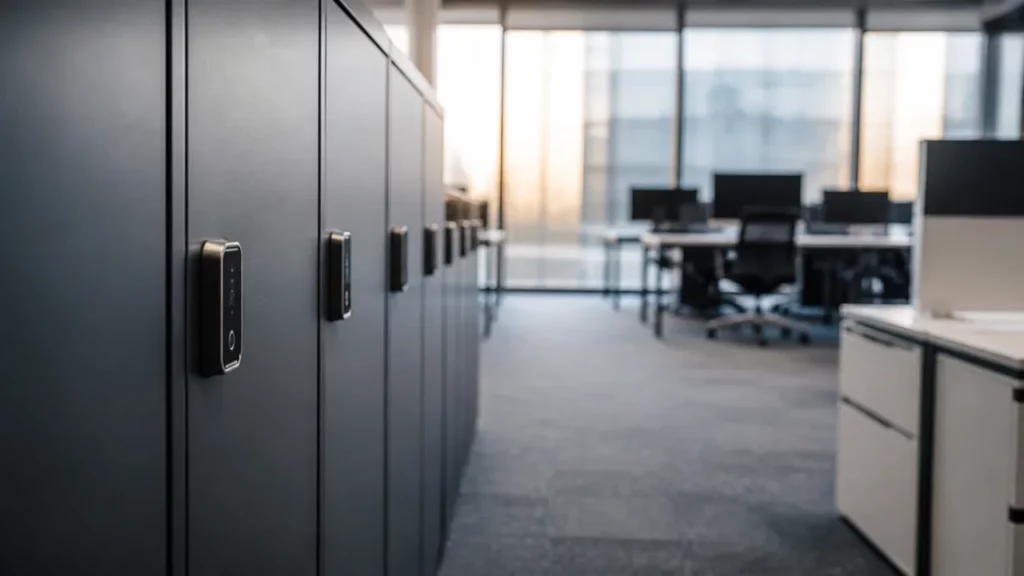 Rangée de casiers métalliques à serrure électronique dans un espace de bureaux partagés aux postes vides