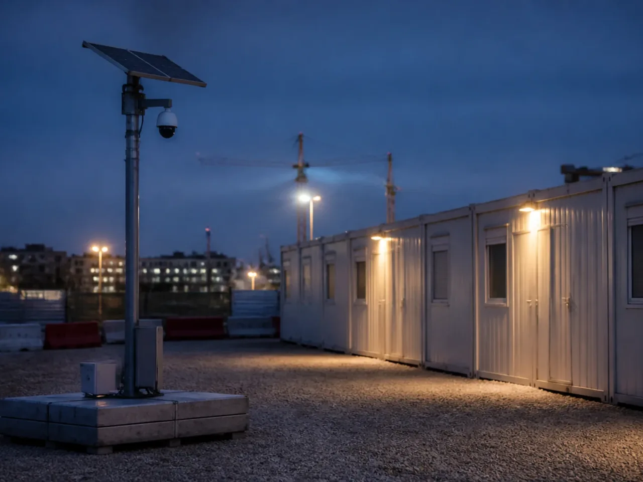 Mât de vidéosurveillance autonome cadré sur la rangée de portes d'une base vie de chantier, à la nuit tombante