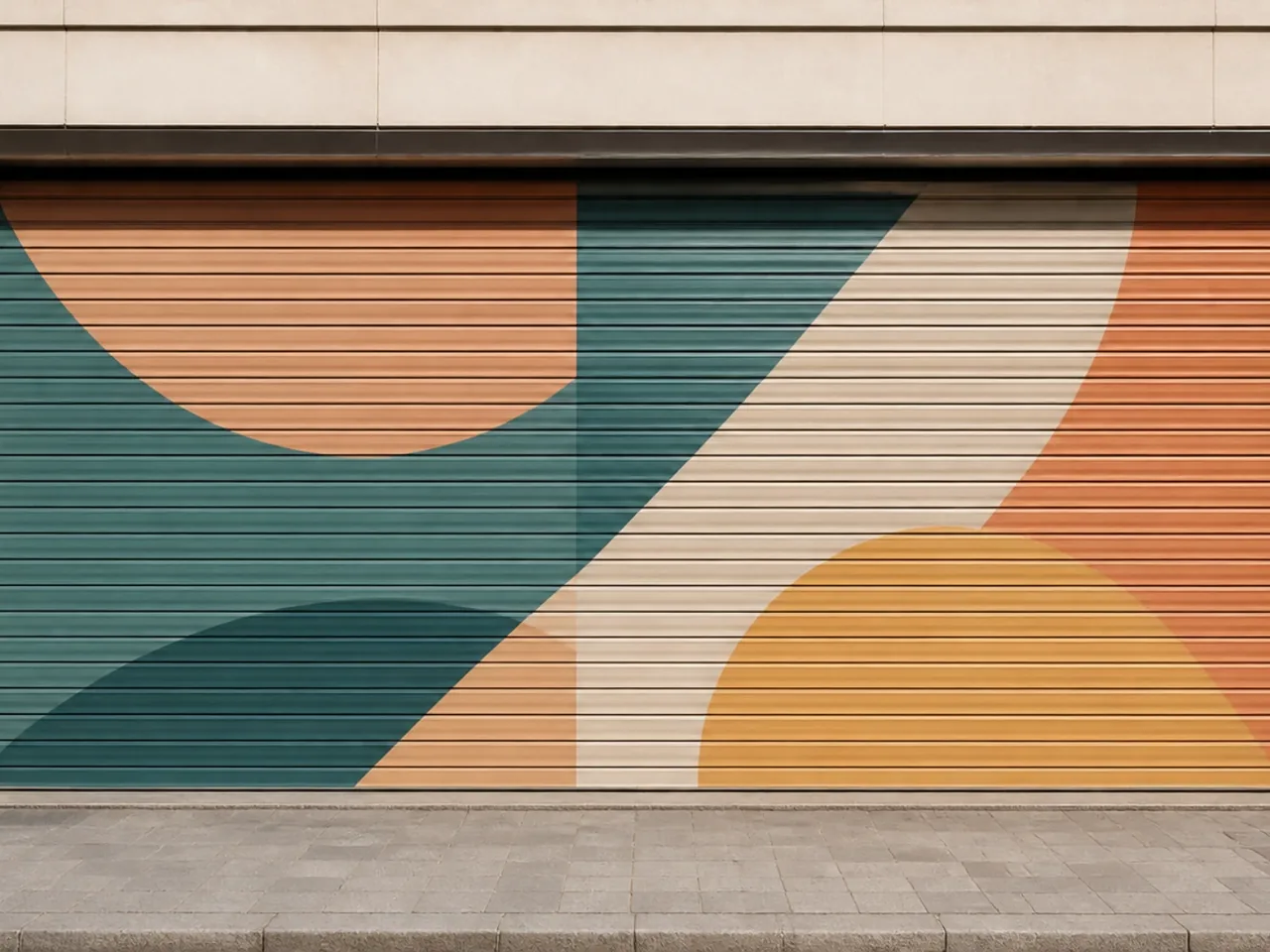 Rideau métallique de boutique décoré d'une fresque abstraite colorée, façade propre et trottoir dégagé