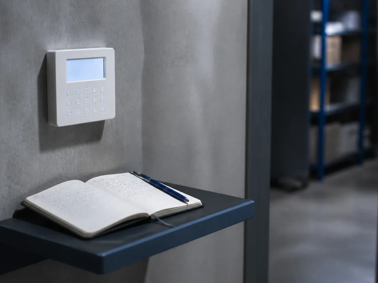 Clavier d'alarme mural à écran rétroéclairé à côté d'un carnet d'essais ouvert posé sur une étagère