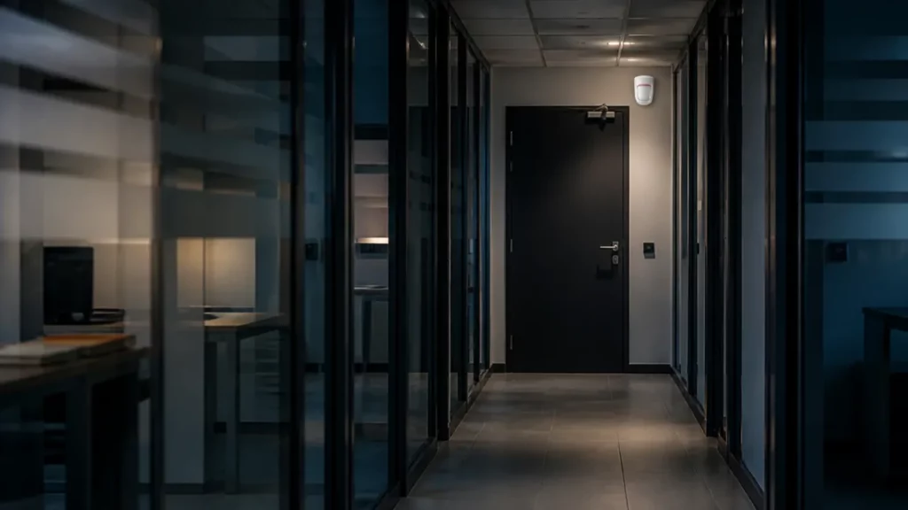Couloir de bureaux vide en soirée avec un détecteur de mouvement fixé en angle au-dessus d’une porte de service