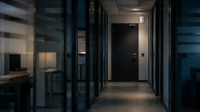 Couloir de bureaux vide en soirée avec un détecteur de mouvement fixé en angle au-dessus d’une porte de service