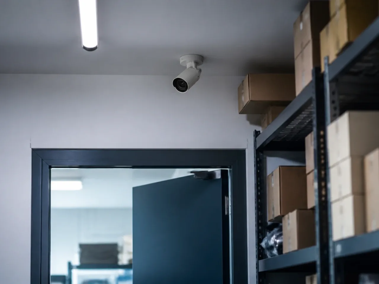 Réserve de magasin avec étagères de cartons et caméra fixe au plafond près de la porte de service