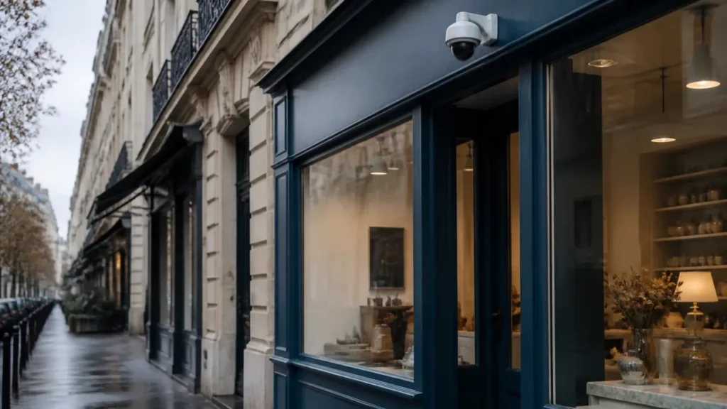 Façade vitrée d’une boutique parisienne avec une caméra dôme au-dessus de l’entrée et le trottoir devant
