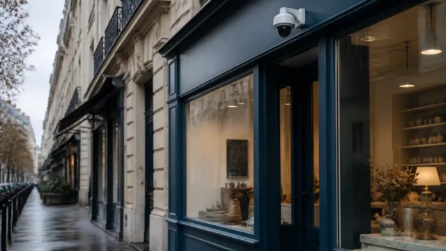 Façade vitrée d’une boutique parisienne avec une caméra dôme au-dessus de l’entrée et le trottoir devant