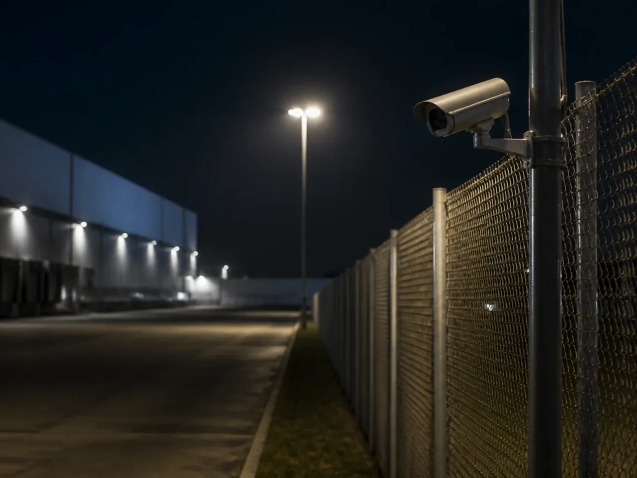 Clôture d'entrepôt la nuit éclairée par un projecteur, caméra tube fixée sur un mât au premier plan
