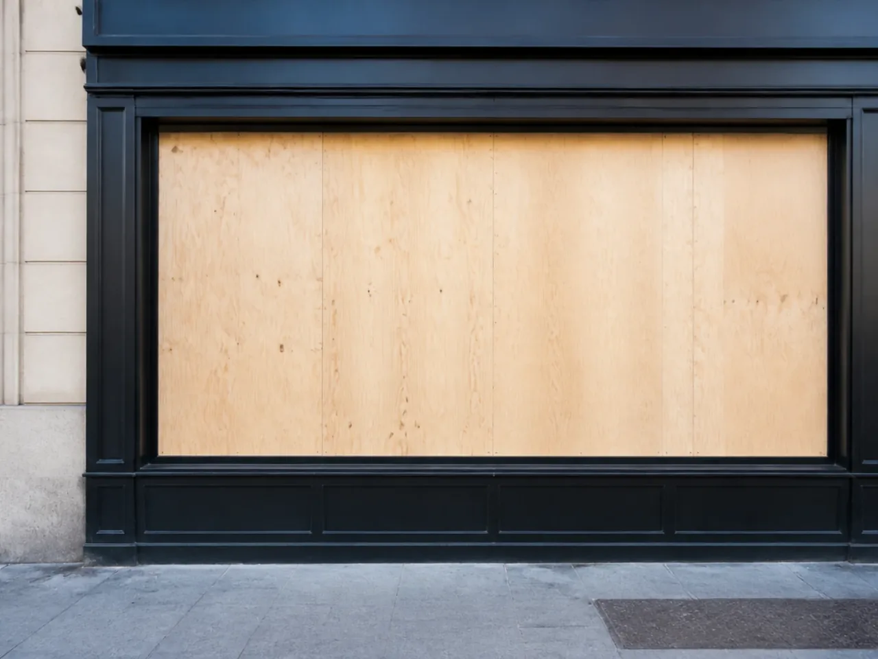 Ouverture de vitrine fermée provisoirement par des panneaux de bois vissés sur la façade d'un commerce