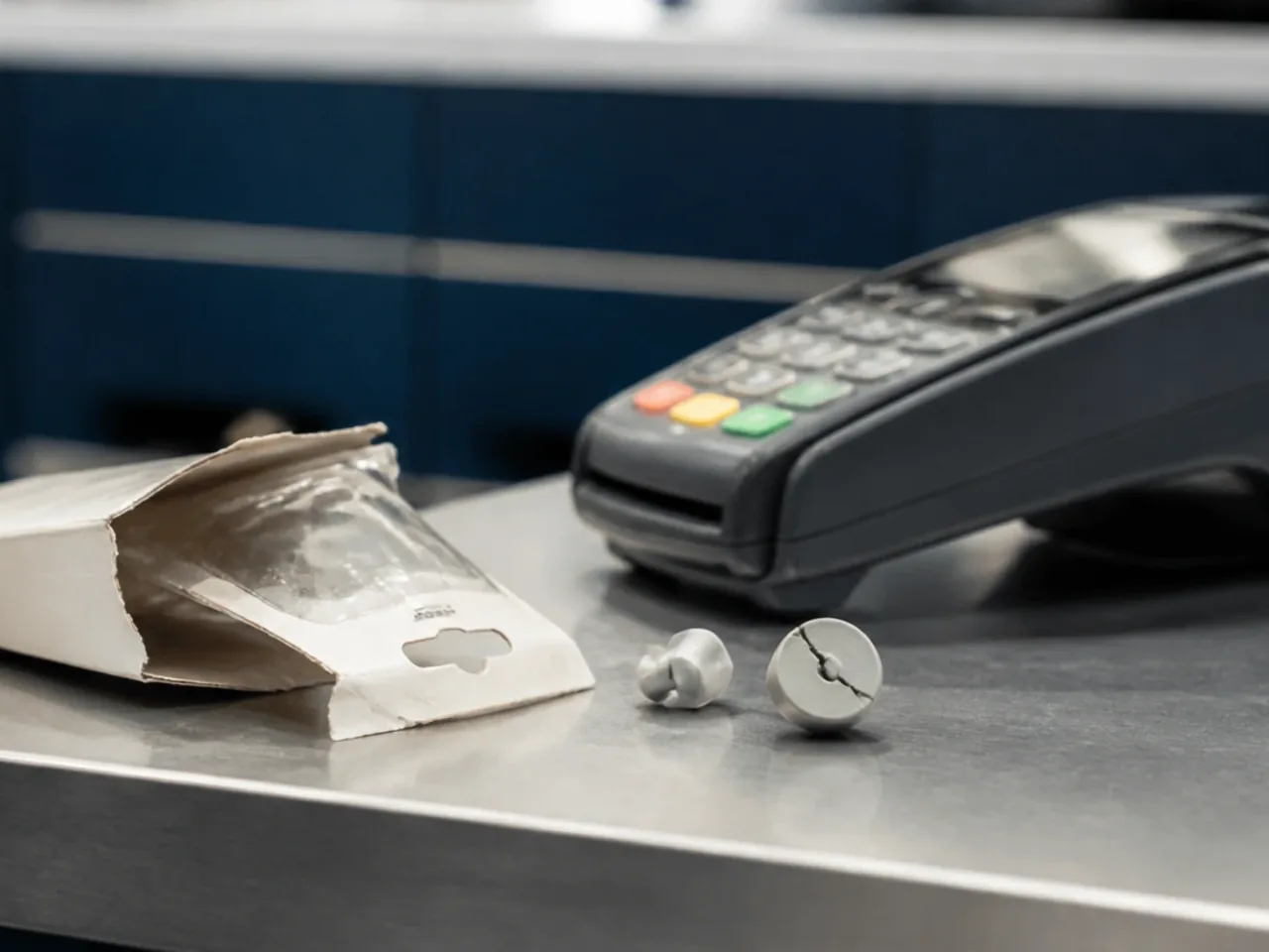 Comptoir de caisse d'une boutique avec un antivol arraché et un emballage déchiré posés à côté du terminal