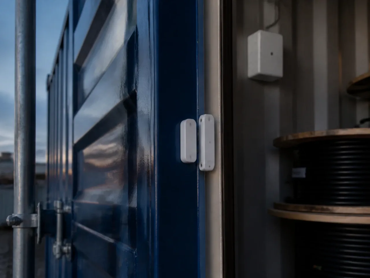 Porte d'un conteneur de chantier équipée d'un contact d'ouverture et d'un boîtier de détection autonome, tourets rangés à l'intérieur