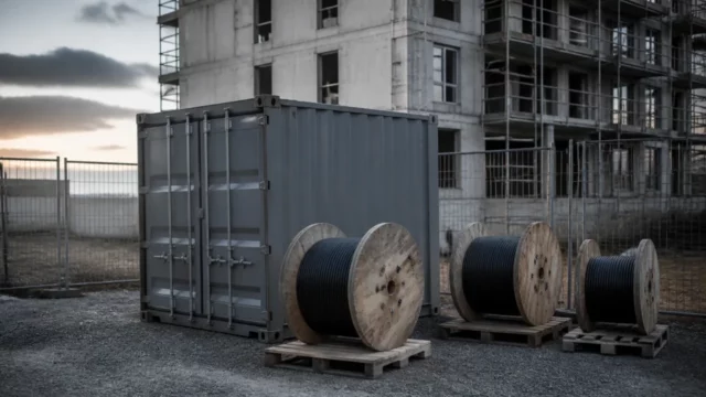 Tourets de câbles électriques posés sur palettes devant un conteneur de chantier fermé, au pied d’un immeuble en construction