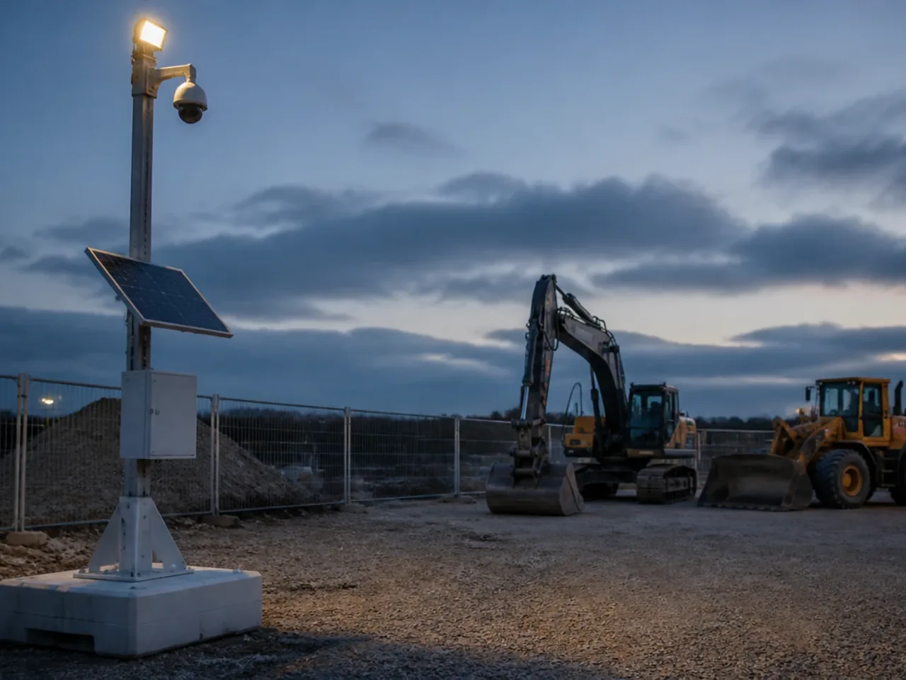 Mât de vidéosurveillance autonome avec panneau solaire surplombant une aire où stationnent une pelle et un chargeur