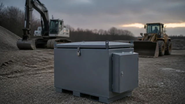 Cuve de gazole non routier à double paroi fermée par un cadenas sur une aire de chantier