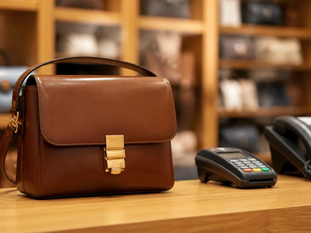 Sac à main posé fermé sur un comptoir de caisse, à côté d'un terminal de paiement et d'un téléphone fixe