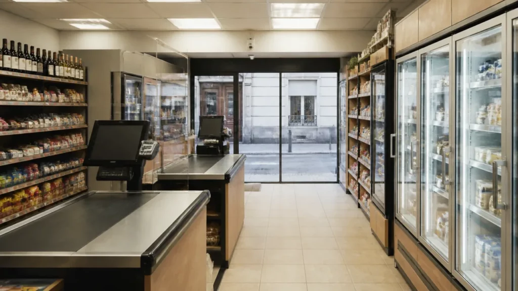 Sortie d’un magasin de proximité vue de l’intérieur, ligne de caisses et porte vitrée donnant sur la rue